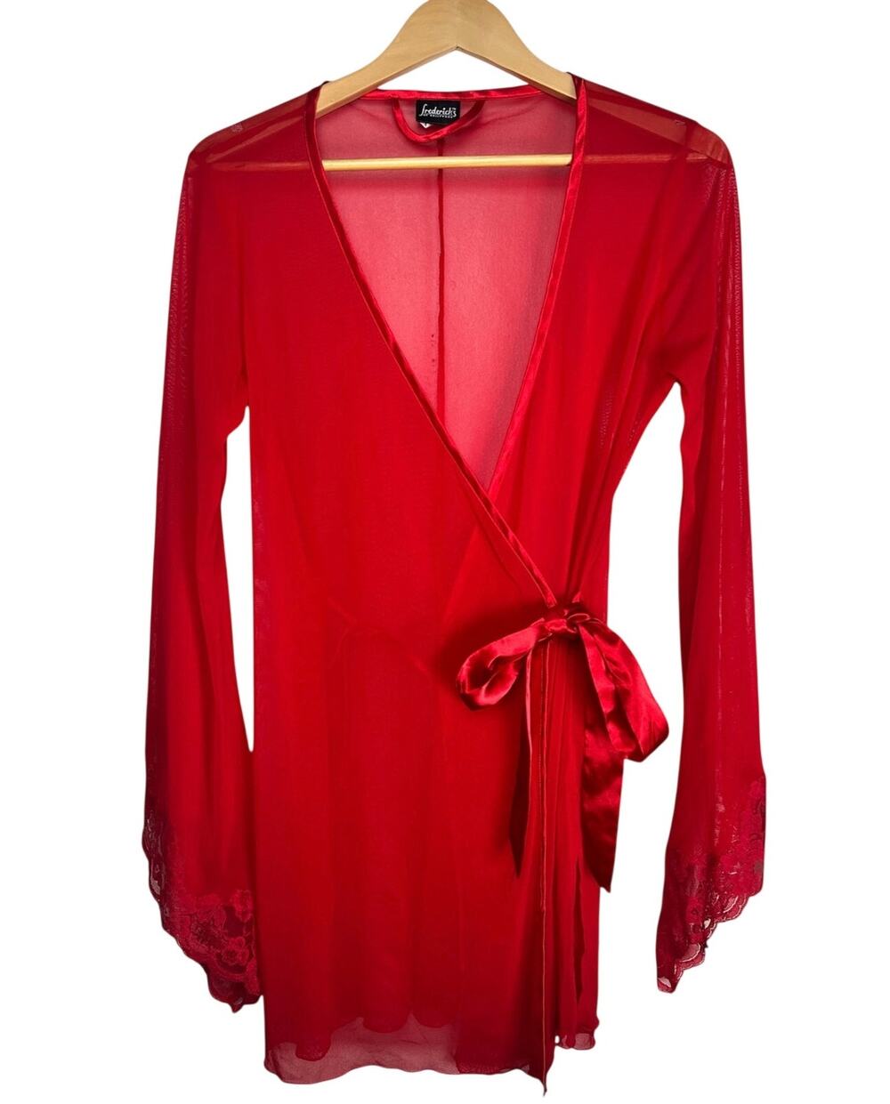 Frederick’s of Hollywood Women's Red Sheer Mesh Lace Wrap Lingerie Robe Medium